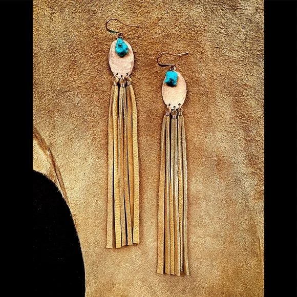 NWOT Artisan Turquoise, Copper, & Leather earrings - Picture 2 of 6